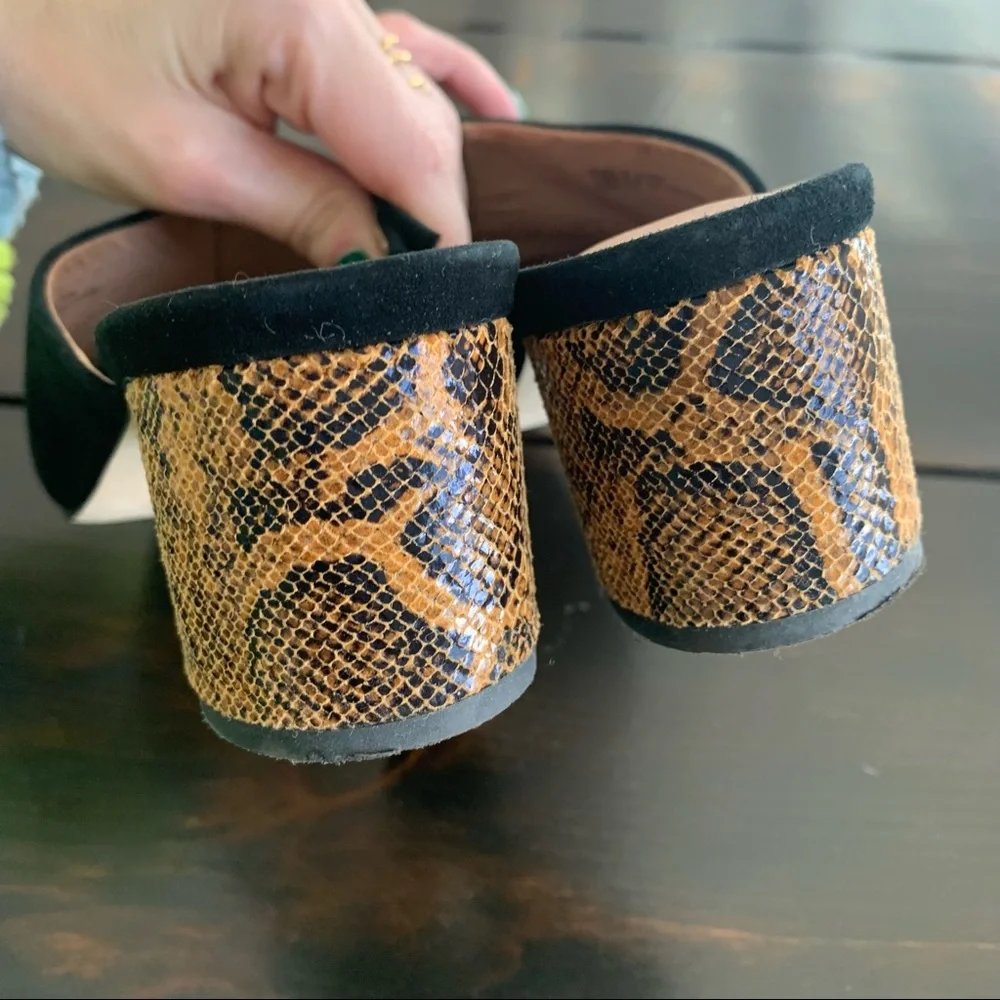 Anthropologie black suede mules snake print heel 7.5 excellent used condition - Picture 4 of 6